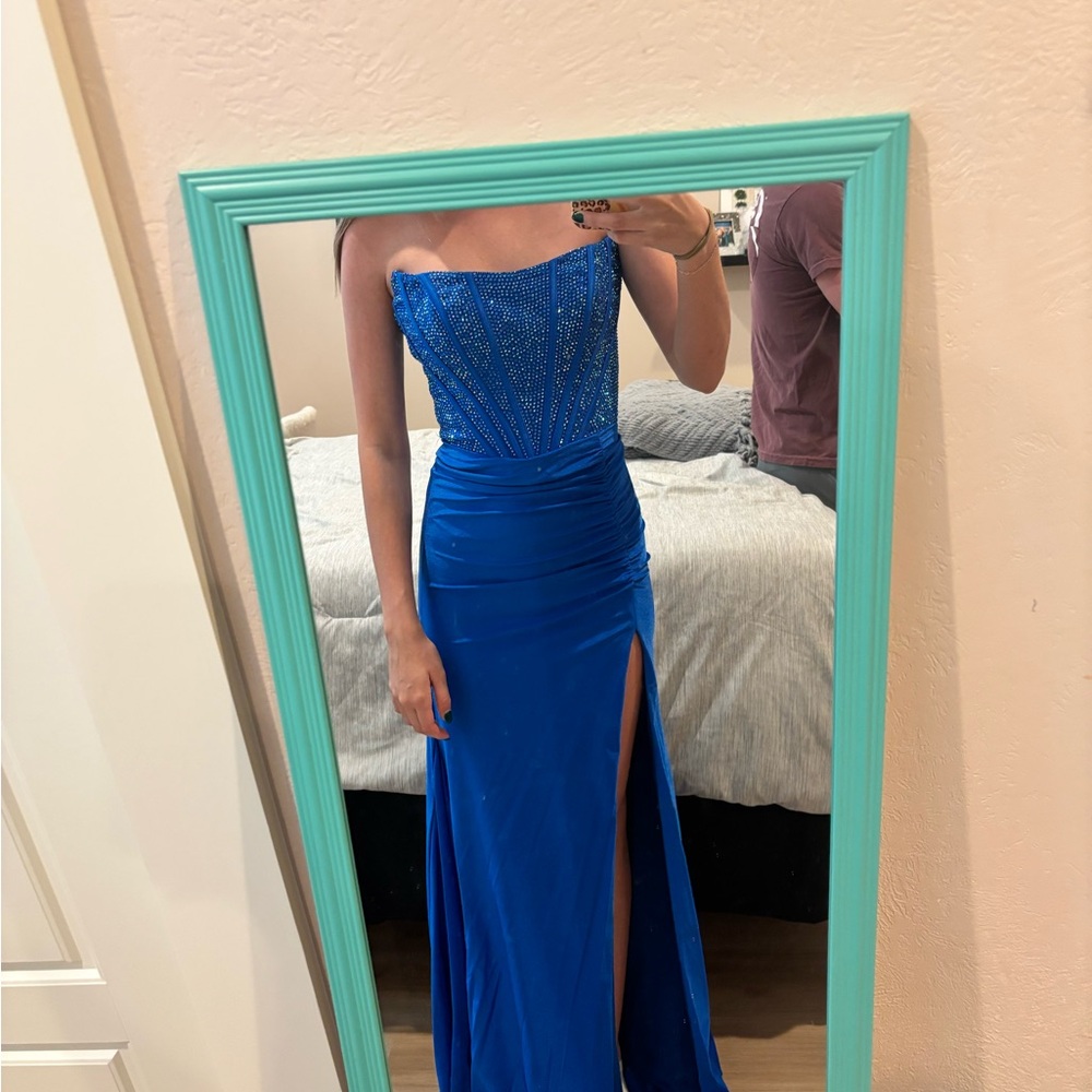 Strapless Blue Gown with Beaded Bodice